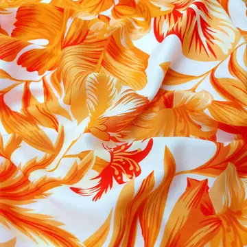 Viszkóz selyem - Trópusi leveles mintával, narancssárga