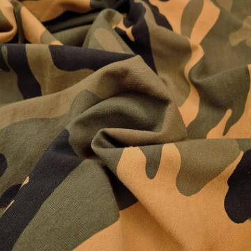 Pamut jersey – Mustársárga színű terep mintával