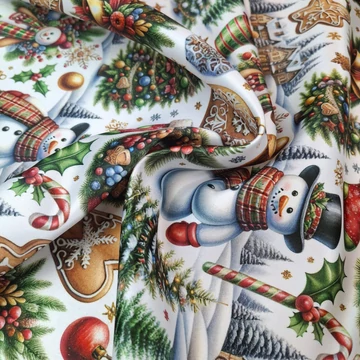 Karácsonyi szatén – Mézeskalács és hóember mintával (18)