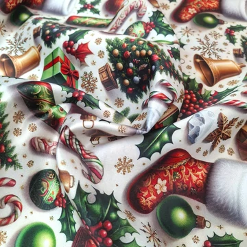 Karácsonyi szatén – Karácsonyfa és gömb mintával (19)