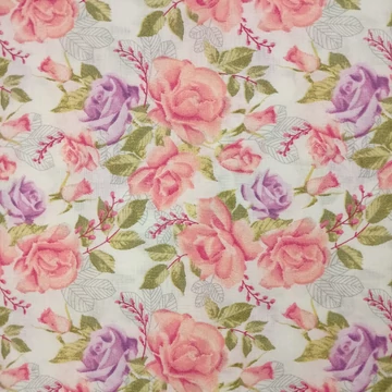 Pamutvászon - Romantikus rózsa mintával, rózsaszín-lila