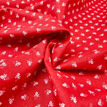 Pamutvászon - Kékfestő, pöttyös virágszál mintával, piros színben