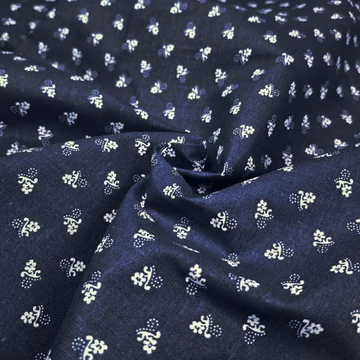 Pamutvászon - Kékfestő, pöttyös virágszál mintával, kék színben