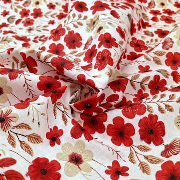 Pamutvászon - Piros tavaszi virág mintával