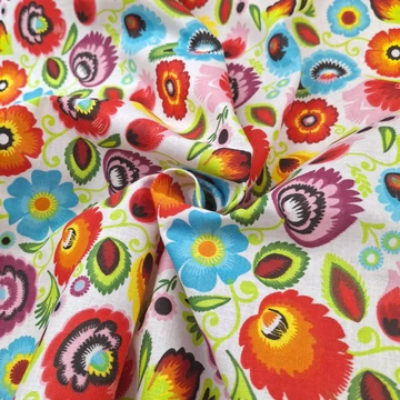 Pamutvászon - Élénk színes népi stílusú virág mintával