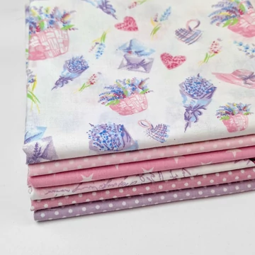 Patchwork pamutvászon csomag - Rózsaszín-lila színben, 6 db