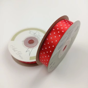Szatén szalag - Pöttyös, piros színben, 15 mm, 25 m