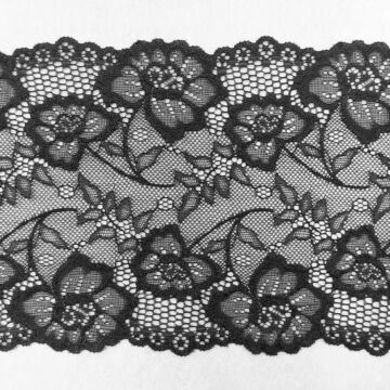 Csipke szalag – Elasztikus csipke,fekete színben, virág mintával, 18cm