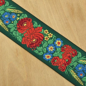 Hímzett szalag – Matyó mintával, zöld alapon, 7cm