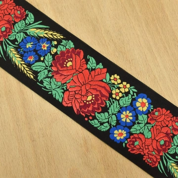 Hímzett szalag – Matyó mintával, fekete alapon, 7cm