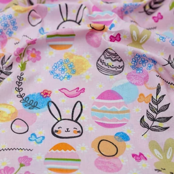 Pamutvászon – Húsvéti nyuszis és tojásos mintával, rózsaszín