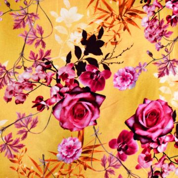 Viszkóz selyem – Sárga alapon színes virág mintával, DigitalPrint