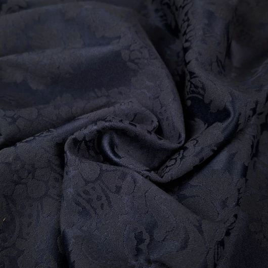 Jacquard, elasztikus - Sötétkék színben, klasszikus virág mintával