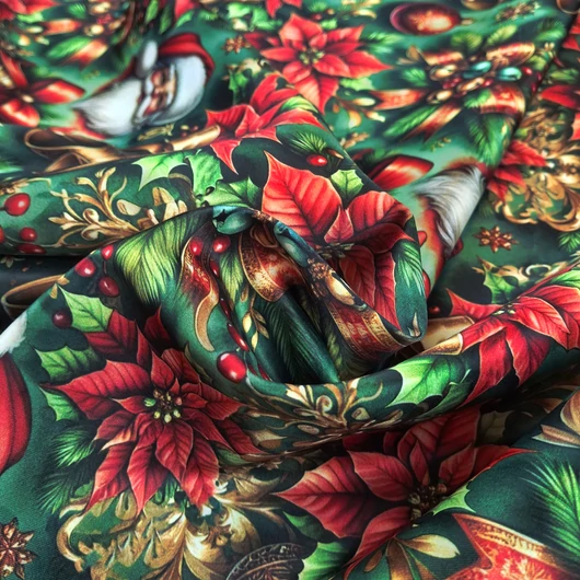 Karácsonyi szatén – Zöld alapon csengő és mikulás mintával (10)