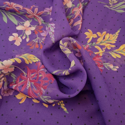 Viszkóz muszlin - Lila alapon pöttyös és virágos mintával