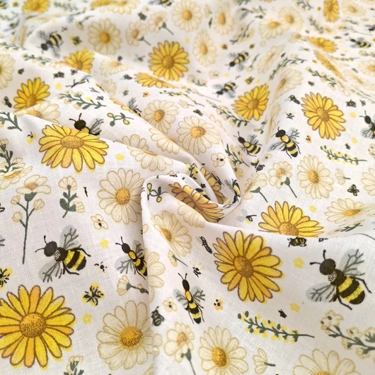 Pamutvászon - Sárga margaréta és méhecske mintával