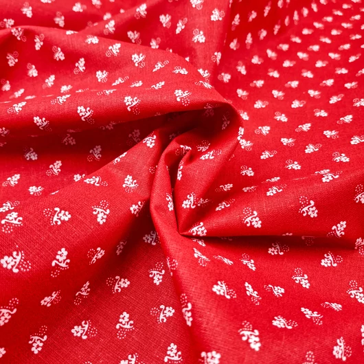 Pamutvászon - Kékfestő, pöttyös virágszál mintával, piros színben