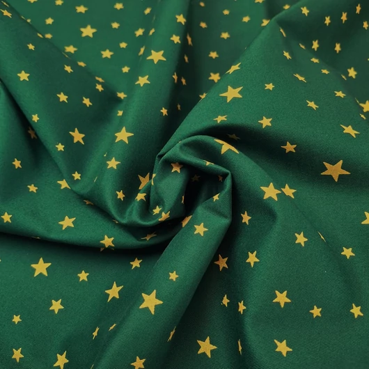 Pamutvászon, festett - Sötétzöld színben, arany csillagos mintával