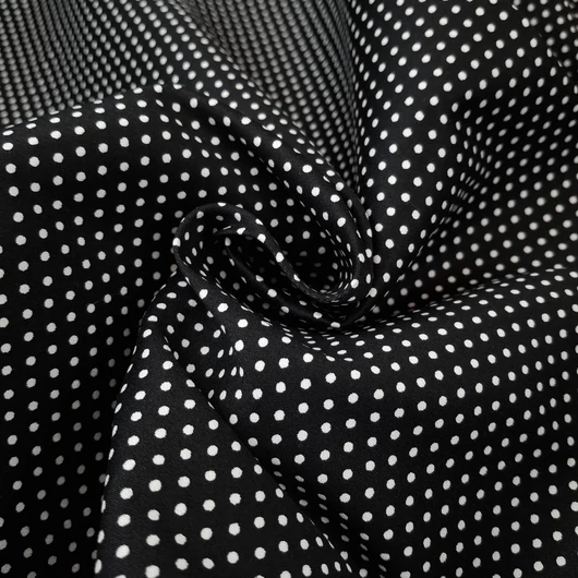 Pamut szatén, elasztikus - Fekete alapon fehér apró pöttyös mintával