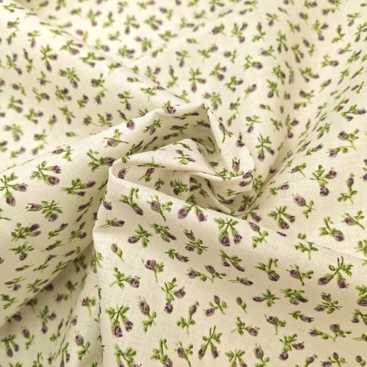 Pamutvászon - Vanília színű alapon apró virág mintával, lila színben