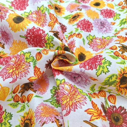 Pamutvászon - Színes őszi virág mintával