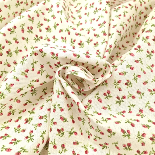 Pamutvászon - Vanília színű alapon apró virág mintával, piros színben