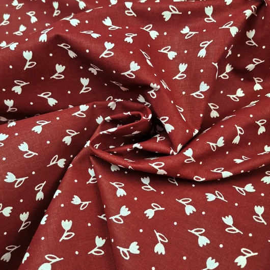 Pamutvászon, nyomott – Kékfestő, fehér tulipán és apró pont mintával, bordó