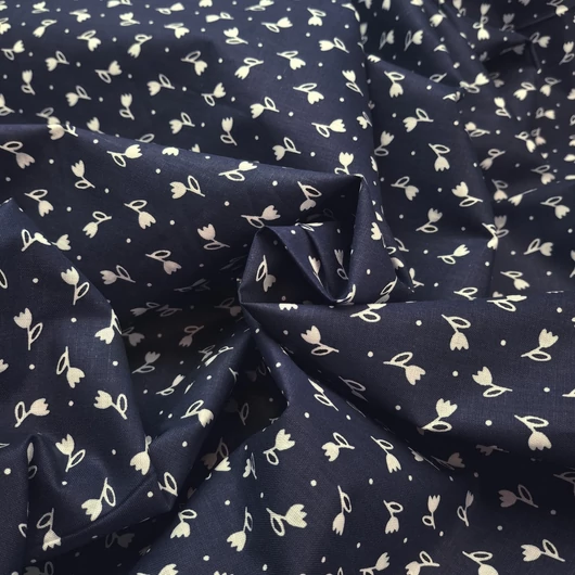 Pamutvászon, nyomott – Kékfestő, fehér tulipán és apró pont mintával, kék