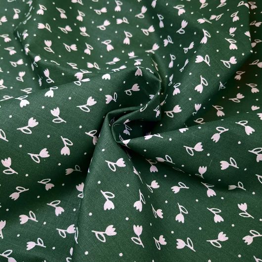 Pamutvászon, nyomott – Kékfestő, fehér tulipán és apró pont mintával, zöld