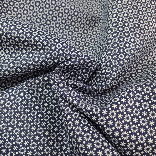 Pamutvászon, nyomott – Kékfestő, apró csillag és virág mintával, kék