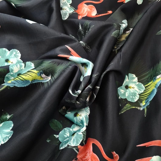 Pamut szatén - Trópusi flamingó és papagáj mintával