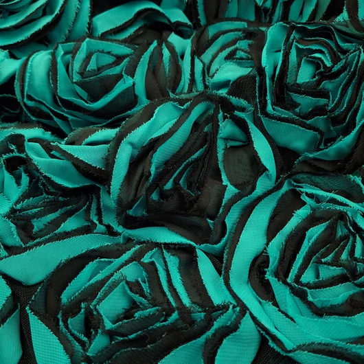 3D Alkalmi tüll – Nagyméretű türkiz-fekete virágokkal