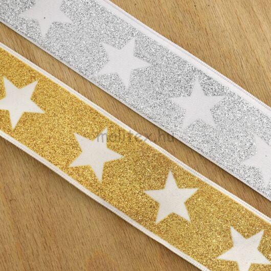 Szalag – Glitteres csillag mintával arany és ezüst, 38mm