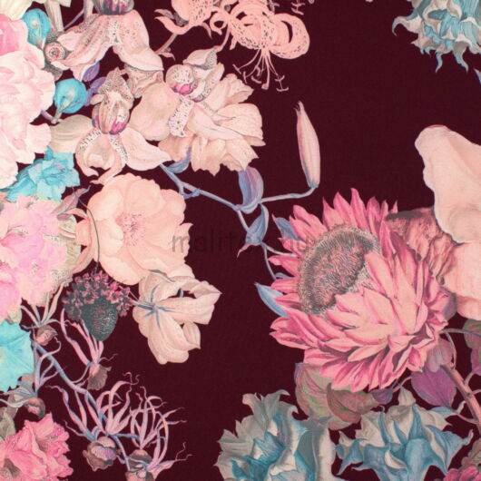 Barbi Crepe – Bordó alapon színes nagy virágos mintával