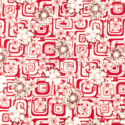 Viszkóz jersey – Piros négyzetes alapon szürke virág mintával