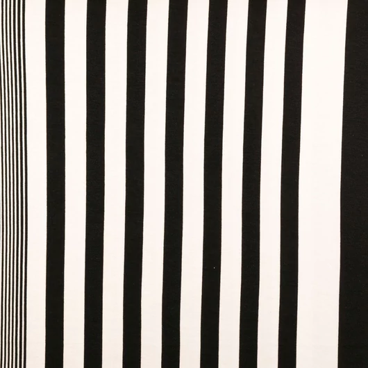 Viszkóz jersey – Fekete-fehér változatos szélességű csíkos mintával