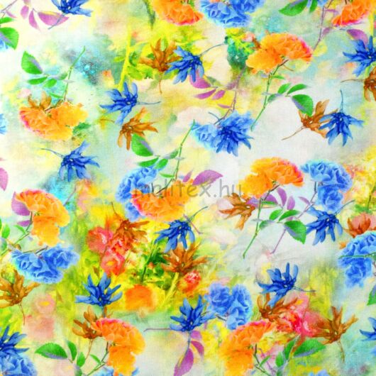 Viszkóz selyem – Kék és sárga színű virágos mintával, DigitalPrint