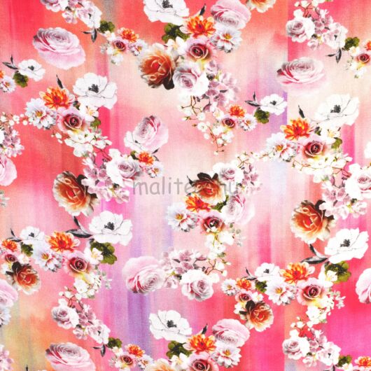 Viszkóz selyem – Korallos alapon fehér virág mintával, DigitalPrint