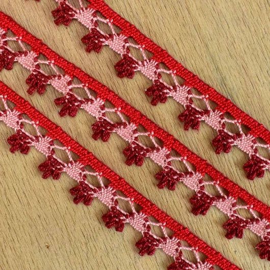 Csipke szalag – Bordó, piros és mályva színű pamut csipke, 1,3cm